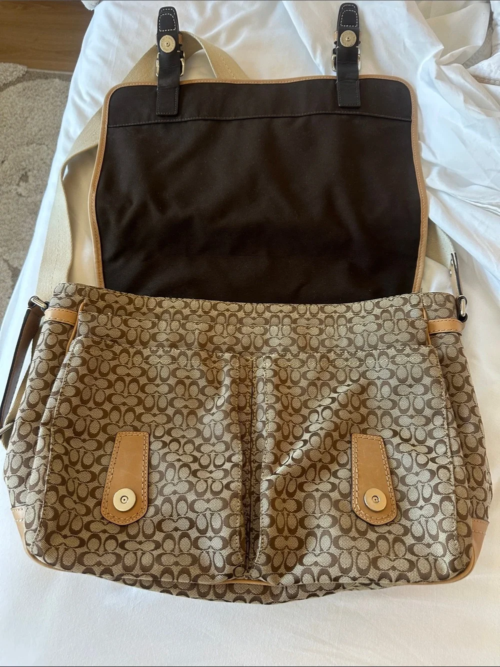 (Negotiable) Coach Signature Canvas Messenger Bag in Brown and Tan